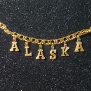 Vintage Alaska Gold Tone Rhinestone Letter Charm Bracelet Souvenir Jewelry